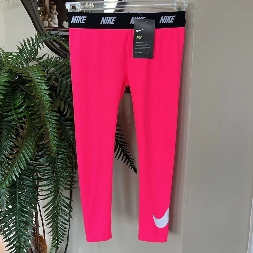 Brand New Nike Dri-Fit Girls Hot Hyper Pink Leggings Stretch Waist White Swoosh
